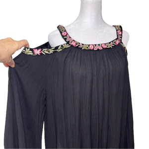INC International Concepts Black Cold-Shoulder Blouse with Pink Floral Trim